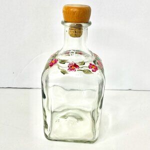 Floral Clear Glass Apothecary Bottle Hand painted Pink Flowers & Green Leaves